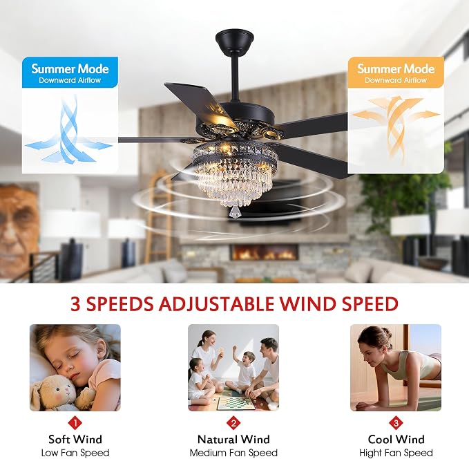 GJeg Crystal Ceiling Fan Fandelier with Lights- Retro Outdoor Fans with Remote Control, Farmhouse Ceiling Fan with Noiseless AC Reversible Motor,Dining Room,Living Room(52" Black)