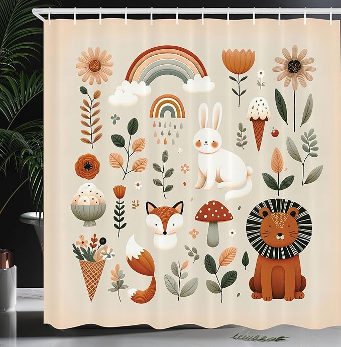 Ambesonne Jungle Shower Curtain, Happy Cartoon Lion Rabbit Fox Characters with Mushroom Rainbow Flowery, Cloth Fabric Bathroom Decor Set with Hooks, 69" W x 75" L, Cinnamon and Eggshell