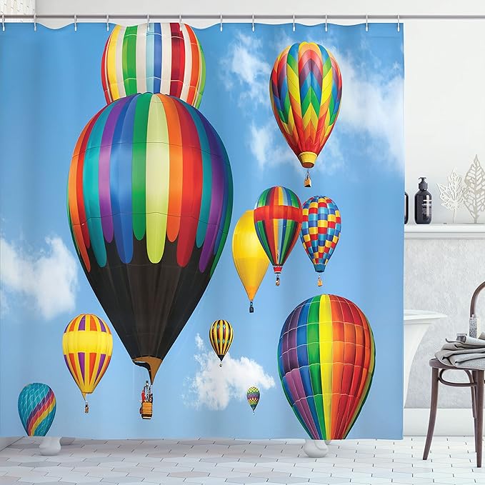 Ambesonne Colorful Shower Curtain, Hot Air Balloons Flying in The Sky Air Sports Adventure Journey Fun Entertainment, Cloth Fabric Bathroom Decor Set with Hooks, 69" W x 70" L, Purple Yellow