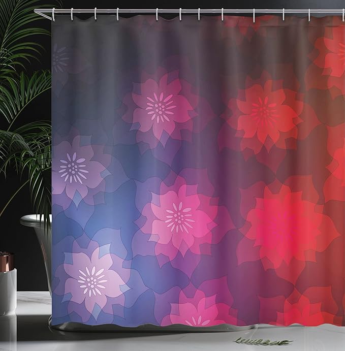 Ambesonne Abstract Shower Curtain, Rainbow Colored Ombre Design with Floral Flower Detailed Image, Cloth Fabric Bathroom Decor Set with Hooks, 69" W x 84" L, Pink Purple