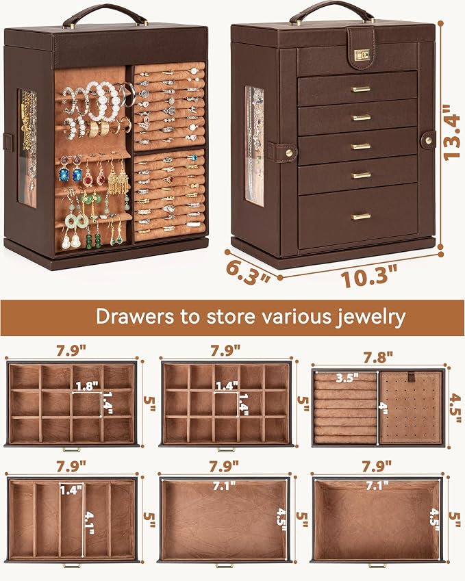 AKOZLIN 6-Tier Jewelry Box Organizer Functional 5 Drawers Leather Jewelry Storage Case for Women Girls Ring Necklace Earring Bracelet Holder Organizer with Mirror XL Brown 360° Rotating