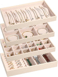 LANDICI Stackable Jewelry Organizer Trays 4 Set,PU Leather Jewelry Organizer Drawer,Jewelry Storage Display Tray for Earring Necklace Rings Bracelet with Removable Dividers,Apricot