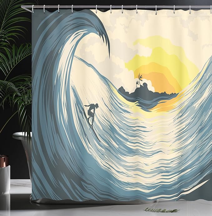 Ambesonne Ocean Shower Curtain, Illustration of Cloudy Sky Tropical Island Wave and Surfer at Sunset Seascape, Cloth Fabric Bathroom Decor Set with Hooks, 69" W x 70" L, Beige Yellow Navy
