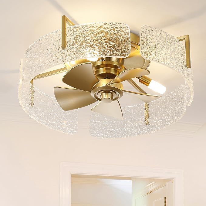 20 Inch Modern Gold Ceiling Fan with Light, Flush Mount Fandelier with Remote Control, Quiet Reversible DC Motor, Low Profile Ceiling Fans for Bedroom Living Room Nursery