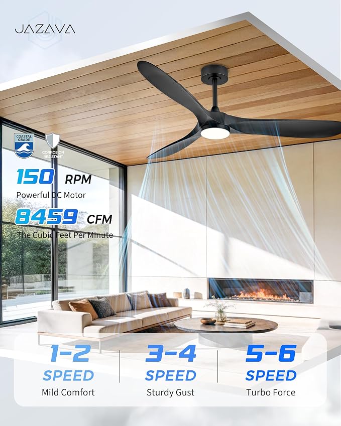 60 Inch Indoor Outdoor Ceiling Fan with Light and Remote, 3CCT Dimmable LED, Modern Black Ceiling Fan, Reversible Motor, Quiet 3-Blade ABS Fan for Living Room, Covered Patio, ZCCF08BK-60