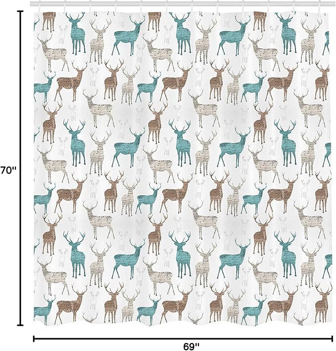 Ambesonne Deer Shower Curtain, Animals with Old Text Pattern Christmas Theme Vintage Inspired Illustration, Cloth Fabric Bathroom Decor Set with Hooks, 69" W x 70" L, Turquoise Beige
