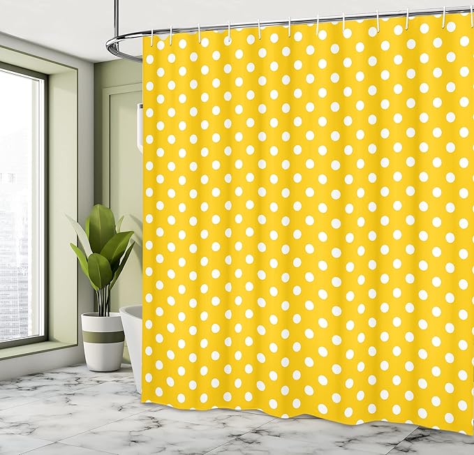 Ambesonne Polka Dots Shower Curtain, Traditional Polka Dots Motif in Row on Sunny Colored Backdrop Girls Bohemian, Cloth Fabric Bathroom Decor Set with Hooks, 69" W x 75" L, Yellow White