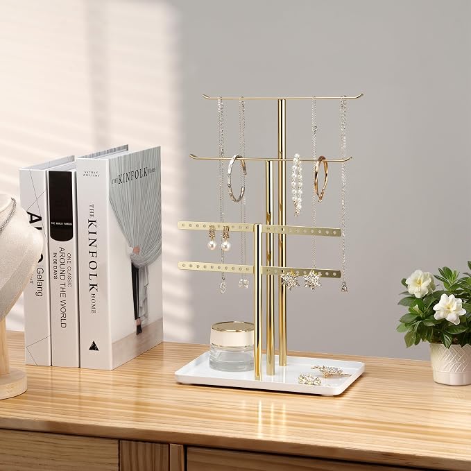 pickpiff Jewelry Organizer: 12.5" Sturdy Stand for 80 Pcs Jewelry, Shiny Gold