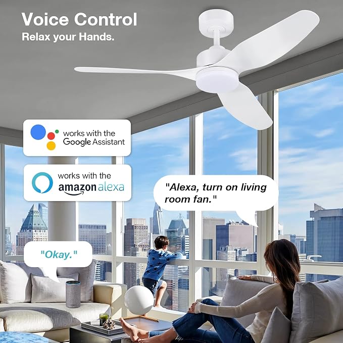 Hoenofly 48 Inch Smart Ceiling Fans with Lights Remote Control,Dimmable LED Light,Outdoor Indoor Modern Ceiling Fan,Quiet DC Motor,WIFI Alexa App Workable,Matte White for Bedroom Living Room Patio
