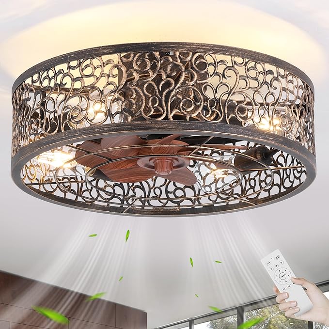 COCOSTAR Caged Ceiling Fan with Light Flush Mount Farmhouse Retro Fandelier | Remote/APP,Low Profile,Enclosed,Bladeless,Quiet,20" Rustic Light Fixture with Fan for Kitchen Bedroom Living Room Dining Room