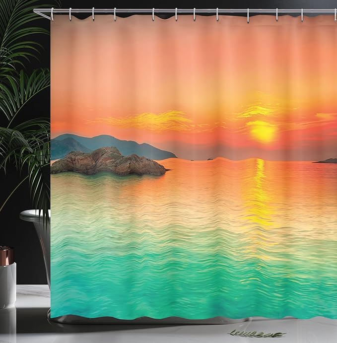 Ambesonne Nature Shower Curtain, Sunset Over The Sea Con Dao Vietnam Sunbeams Colorful Sky Reflection on Water, Cloth Fabric Bathroom Decor Set with Hooks, 69" W x 70" L, Orange Mint Green