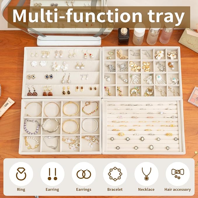 Frebeauty Jewelry Trays for Drawer,Set of 2 Jewelry Organizer and Storage | Velvet Material,Stackable,Adjustable Dividers,Drawer Inserts for Rings Studs Bracelet,Earring Organizer for Women Girls