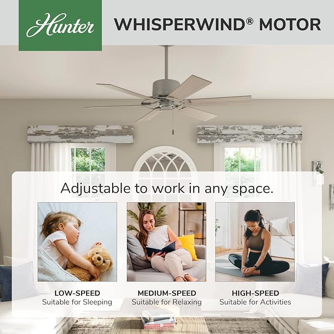 Hunter Gilrock, Indoor, Ceiling Fan, No Light, 52 inch, Matte Silver | Standard Mount, Pull Chain, 6 Blades, For Bedroom, Living Room, Kitchen, 52353