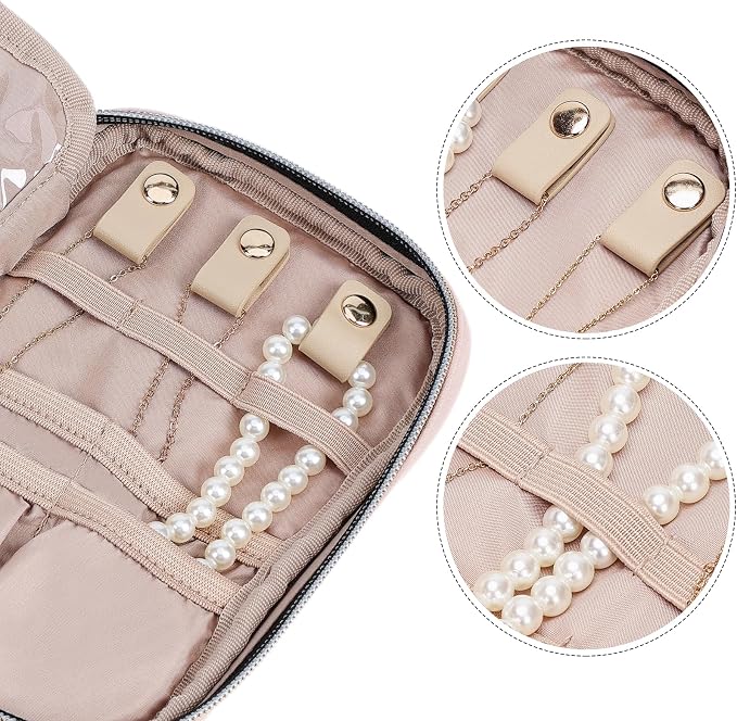 NISHEL Travel Jewelry Case Organizer, Tangle-Free Necklace Storage Bag | Stores rings, earrings, bracelets and watches in a compact case for travel, vacations and daily use, Pink, Small