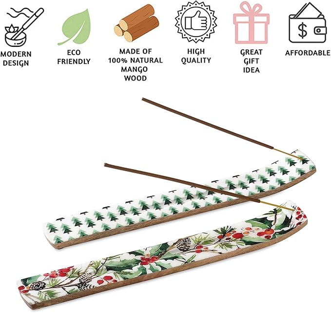 Folkulture Set of 2 Incense Holder or Incense Burner, 10 Inch Modern Insence Holder for Sticks, Wooden Ash Catcher for Christmas Decorations, Insenses Holder - Mango Wood, Seasons