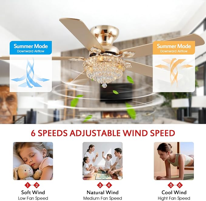 GJeg Crystal Ceiling Fan Fandelier with Lights-Ceiling Fans with Remote Control,Modern Ceiling Fan with Noiseless DC Reversible Motor,Dining Room,Living Room(52" Gold)