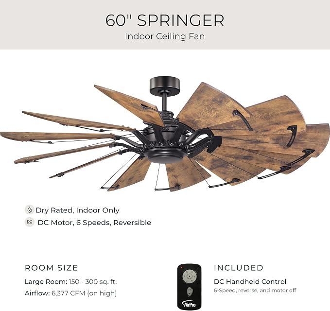 Progress Lighting Springer Collection DC Motor Farmhouse Windmill Ceiling Fan, Architectural Bronze, 12-Blade (60" W x 17-3/8" H) P250000-129