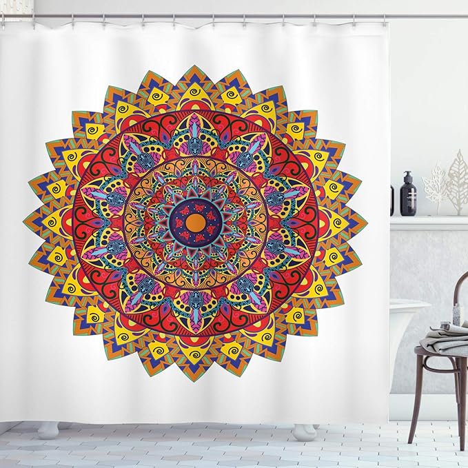 Ambesonne Ethnic Shower Curtain, Bohemic Hippie Design with Geometric Oriental Shapes Image Print, Cloth Fabric Bathroom Decor Set with Hooks, 69" W x 75" L, White