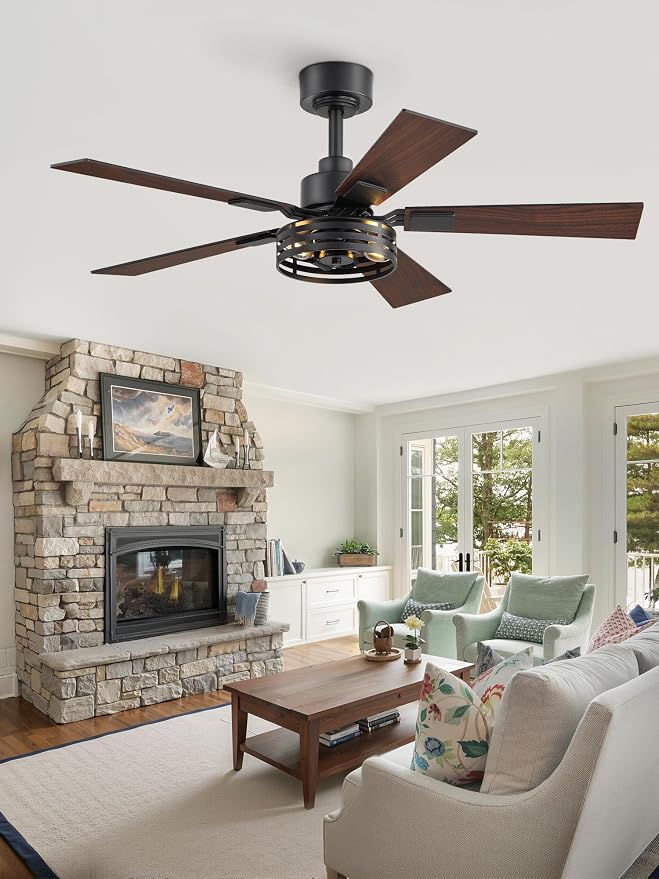 Farmhouse Caged Ceiling Fans with Lights and Remote, 42 Inch Rustic Black Ceiling Fans, 6 Speed Reversible Quiet DC Motor, Noiseless Ceiling Fan Dual Finish 5 Blades for Living Room Bedroom Kitchen