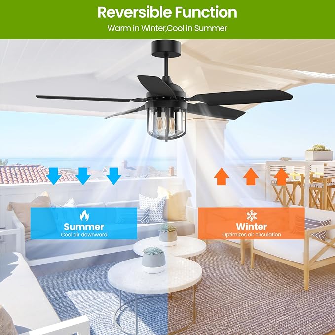 52 Inch Outdoor Ceiling Fans with Lights for Patios, IP65 Waterproof Ceiling Fan with Remote and 6-Speed DC Motor, Gazebo Ceiling Fan for Porch Pavilion Farmhouse Black (Included 3pcs Bulb)