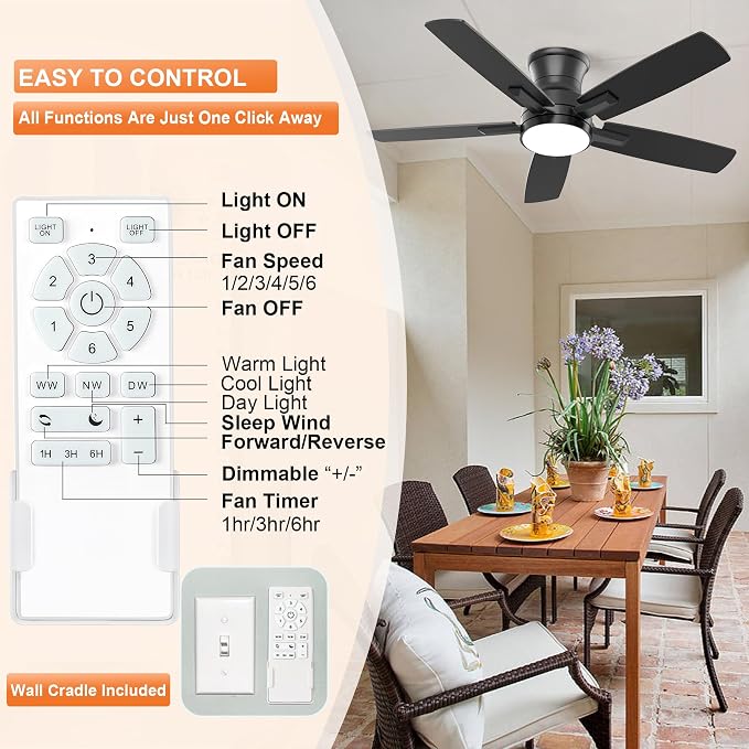 YUHAO 42 Inch Flush Mount Black Ceiling Fan with Light and Remote Control.Noiseless,Dimmable,3CCT,6 Speeds Reversible, Low Profile DC Ceiling Fans for Indoor or Covered Outdoor Use,ETL Listed