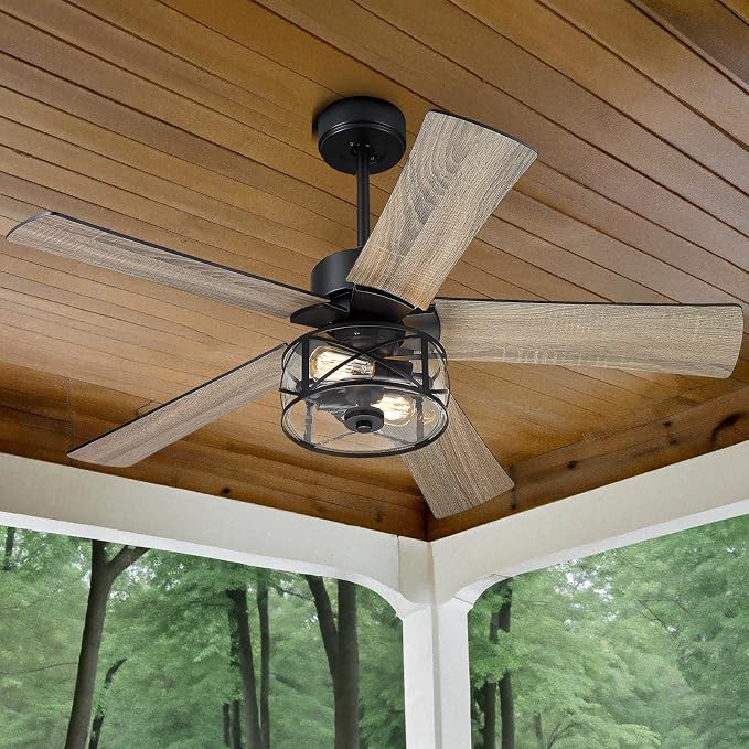 YOUKAIN 48 Inch Farmhouse Ceiling Fan with Light and Remote,Industrial Black Ceiling Fan with Glass Shade,5 Reversible Matte Black & Wood Blades,Quiet Indoor Ceiling Fan for Bedroom, 52-YJ632