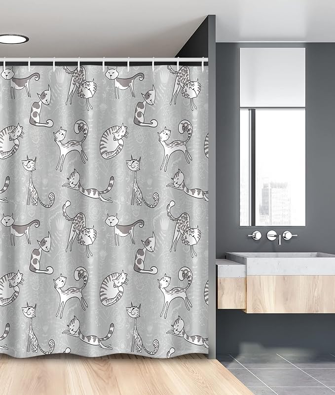Ambesonne Grey Stall Shower Curtain, Cats Posing Over Floral Background Feline Kitten Kitty Cartoon Art Prints, Fabric Bathroom Decor Set with Hooks, 54" W x 78" L, White