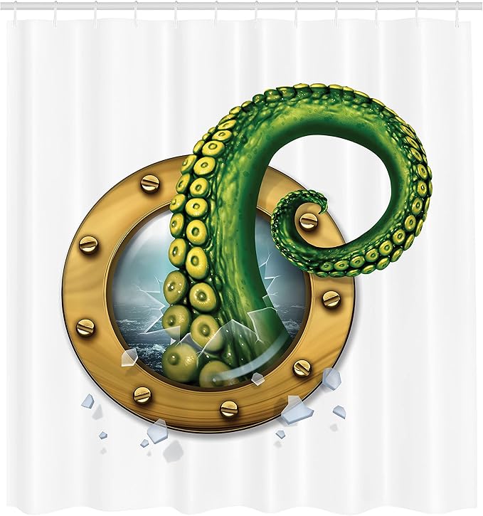 Ambesonne Octopus Shower Curtain, Ship Porthole Tentacles, Cloth Fabric Bathroom Decor Set with Hooks, 69" W x 70" L, Fern Brown