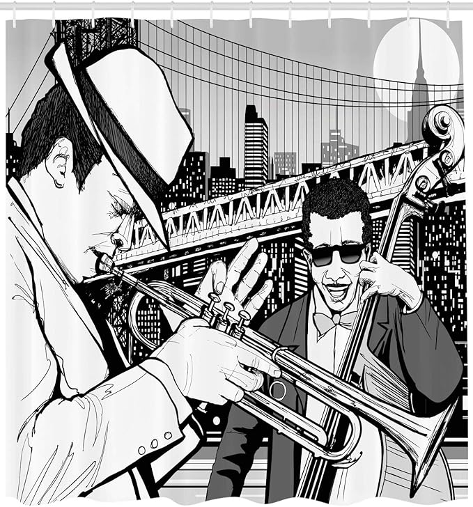 Ambesonne Music Shower Curtain, Illustration of Jazz Band Playing The Blues in New York in Moonlight Retro Design, Cloth Fabric Bathroom Decor Set with Hooks, 69" W x 70" L, Black White