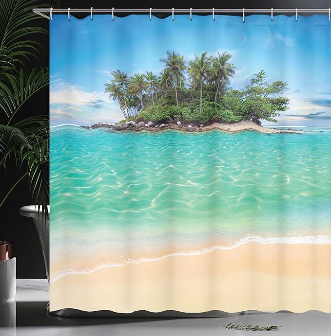 Ambesonne Island Shower Curtain, Tropical Island Sandy Seaside Clear Water Honeymoon Destination Waterscape, Cloth Fabric Bathroom Decor Set with Hooks, 69" W x 70" L, Cream Blue Green