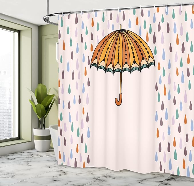 Ambesonne Winter Shower Curtain, Boho Retro Umbrella Surrounded by Gradient Droplets Storm Graphic, Cloth Fabric Bathroom Decor Set with Hooks, 69" W x 75" L, Pale Pink