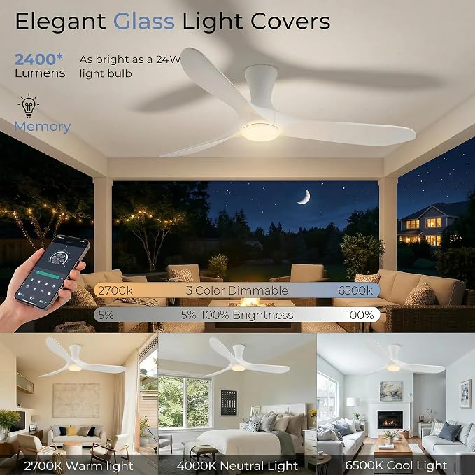 52 inch Smart White Ceiling Fans with Lights, Outdoor Flush Mount Low Profile Ceiling Fan with WIFI Alexa and App Remote Control, Quiet DC Motor, 3 Blades Wood Modern ceiling fan for Bedroom Patio