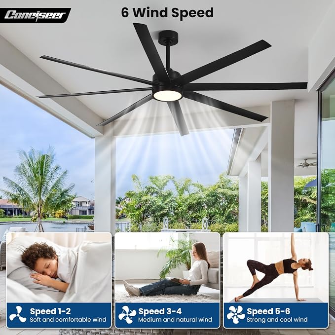 Conciseer Modern Ceiling Fans with Lights, 84 Inch Ceiling Fan with Light and Remote,Living Room Library Cafe Outdoor/Industrial, 3CCT 8 Blades 6 Speed Reversible Quiet DC Motor, Black/A