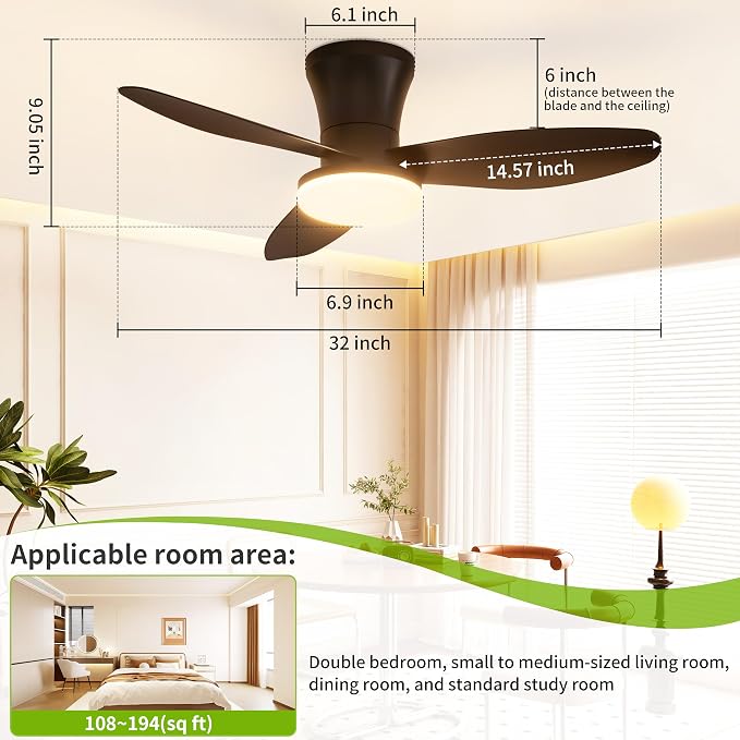 Small 3 Blade Ceiling Fan with Light 32 Inch Flush Mount Fan with Remote