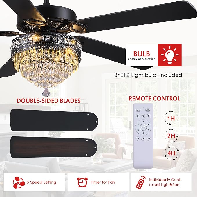 GJeg Crystal Ceiling Fan Fandelier with Lights - Outdoor Ceiling Fans with Remote Control, Farmhouse Ceiling Fan with Noiseless DC Reversible Motor,Dining Room,Living Room(62" Black)