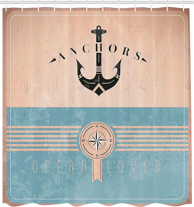 Ambesonne Nautical Shower Curtain, Vintage Marine Design for Ocean Lovers Anchor Compass and Stripes, Cloth Fabric Bathroom Decor Set with Hooks, 69" W x 75" L, Champagne