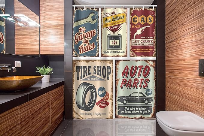 Ambesonne 1950s Stall Shower Curtain, Vintage Car Signs Automobile Advertising Repair Vehicle Garage Classics Servicing, Fabric Bathroom Decor Set with Hooks, 54" W x 78" L, Burgundy