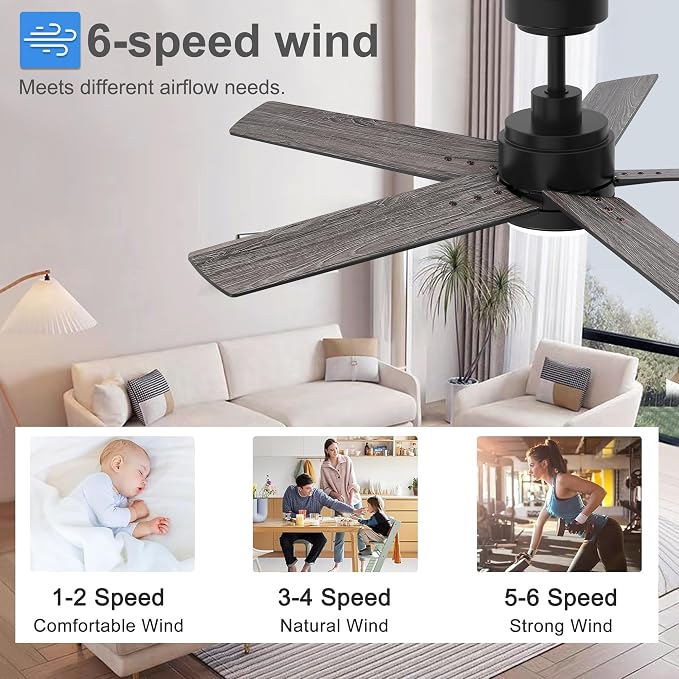 52 Inch Black Ceiling Fan with Light and Remote Control,Dimmable 3 Color Temperatures LED Ceiling Fan,6 Speeds Reversible DC Motor,5 Blades Modern Ceiling Fans for Indoor or Covered Outdoor
