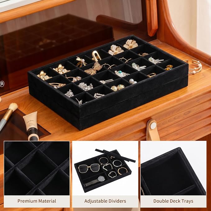 Frebeauty Jewelry Trays for Drawer,Set of 2 Jewelry Organizer and Storage | Velvet Material,Stackable,Adjustable Dividers,Drawer Inserts for Rings Studs Bracelet,Earring Organizer for Women Girls