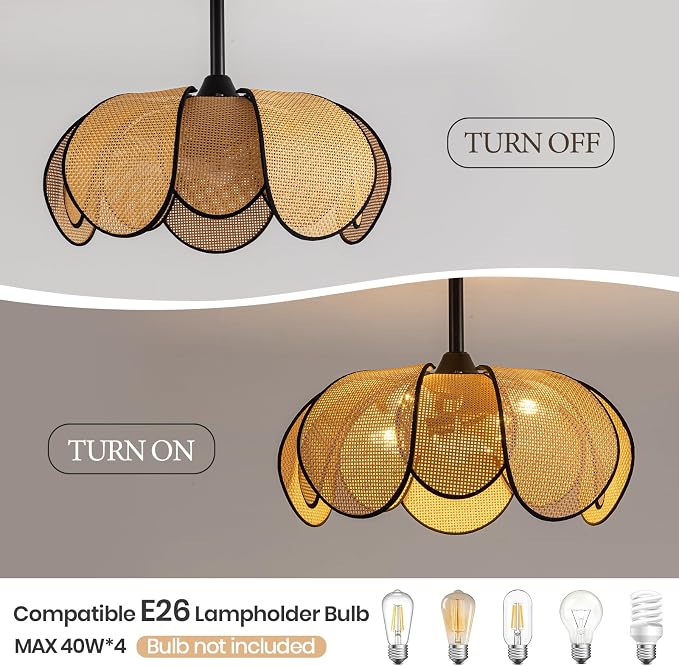 Rattan Fandelier Ceiling Fans with Lights,Boho Black Chandelier Ceiling Fan with Light Remote Flush Mount Chandelier Ceiling Fan with 6 Speeds Fandelier for Bedroom Living Room Kitchen 26inch