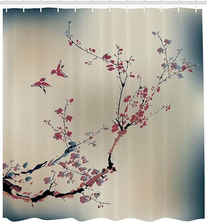 Ambesonne Nature Shower Curtain, Flowers Buds and Birds with Cherry Branches Style Artwork Painting Effect, Cloth Fabric Bathroom Decor Set with Hooks, 69" W x 75" L, Dried Rose
