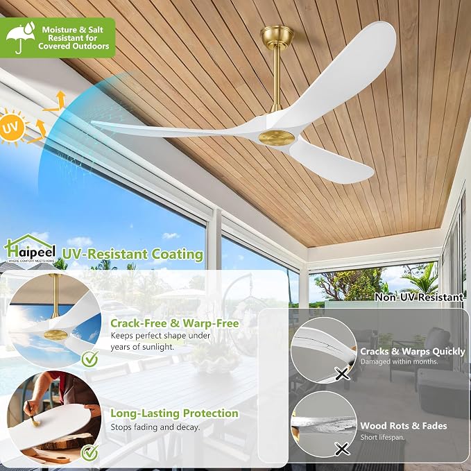 Haipeel 52 Inch Ceiling Fans Without Lights, Wood Ceiling Fan no Light with Remote Control and DC Motor, Indoor Outdoor Ceiling Fan Morden Living Room Bedroom 3 Blades Propeller, White Gold