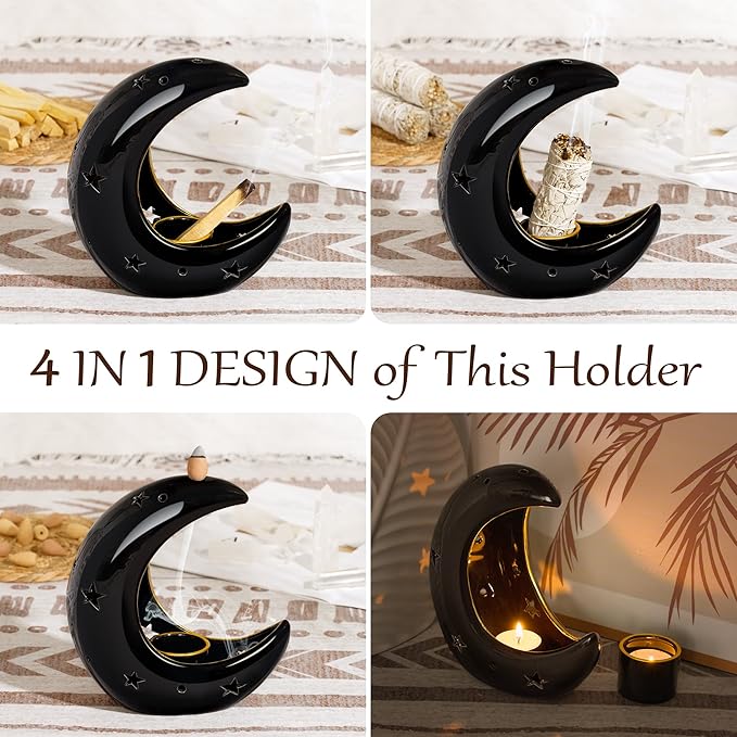 ZenBless Moon Versatile Ceramic Backflow Incense Holder and Burner Waterfall,for Burning Sage, Palo Santo, Backflow Cone and Candle,Aromatherapy Ornament Home Room Decor,the Ideal Present (Black)