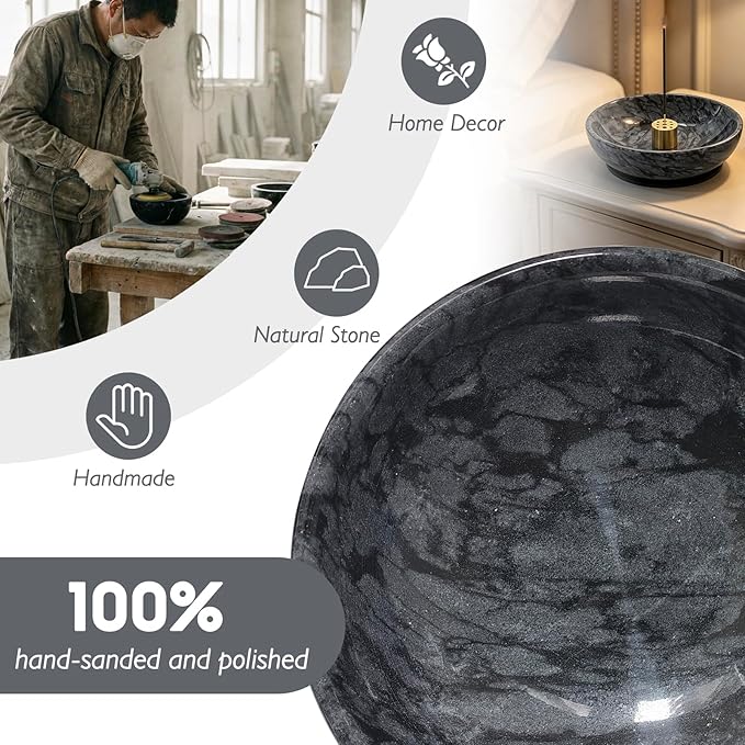 Natural Marble Incense Holder, 4.72 Incense Holder for Sticks with 9 Holes, Handmade Incense Burner for use in Meditation/Palo Santo/Sage/Cone (Black)
