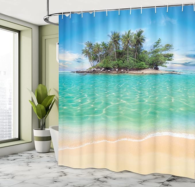 Ambesonne Island Shower Curtain, Tropical Island Sandy Seaside Clear Water Honeymoon Destination Waterscape, Cloth Fabric Bathroom Decor Set with Hooks, 69" W x 70" L, Cream Blue Green