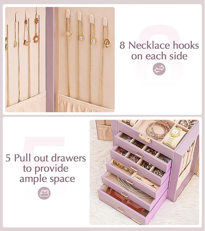 Homde Jewelry Box Large for Women: 6 Layers 5 Drawers Organizer with Mirror for Ring Earring Necklace - Storage Holder with Lock for Dresser (Gray Purple)
