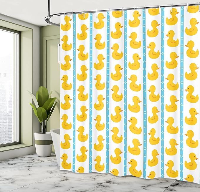 Ambesonne Rubber Duck Shower Curtain, Duckies on Stripes and Small Circles Play Pattern Print, Cloth Fabric Bathroom Decor Set with Hooks, 69" W x 75" L, White
