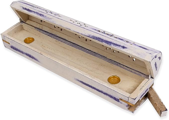 Incense Garden Pack of 2 White Washed Blue Wood Incense Box Burner 12"