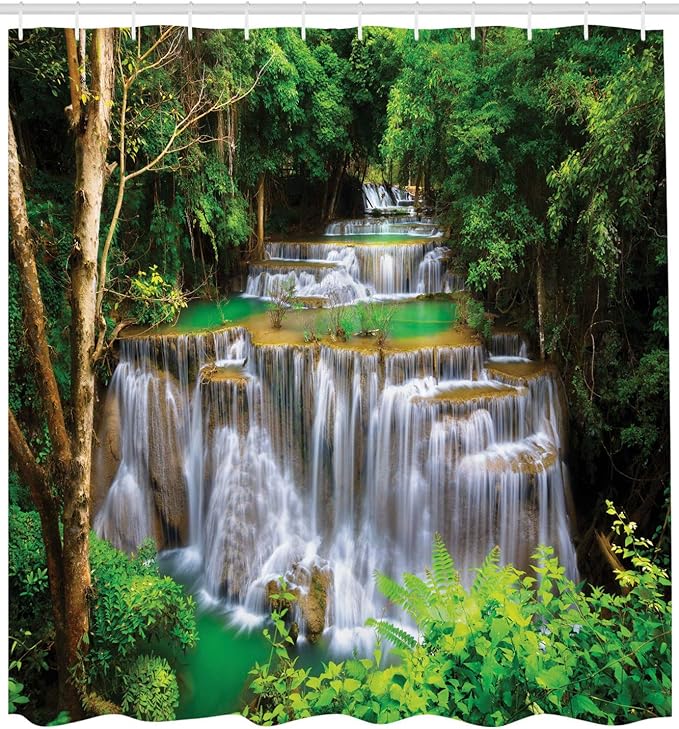 Ambesonne Waterfall Shower Curtain, View of Waterfall in Kanjanaburi Stream Crossing Forest, Cloth Fabric Bathroom Decor Set with Hooks, 69" W x 75" L, Green Pale Coffee White