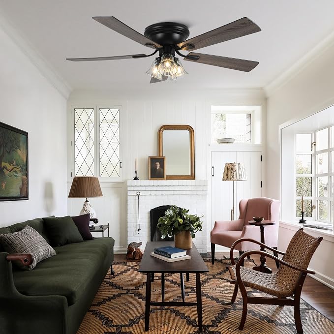 52'' Flush Mount Ceiling Fans with Lights and Remote Control | Reversible DC Motor,5 Reversible Blade,6 Speeds,Rustic Farmhouse Ceiling Fan for Living Room,Dining Room,Bedroom